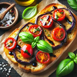 Geroosterde Aubergine en Tomaten Bruschetta