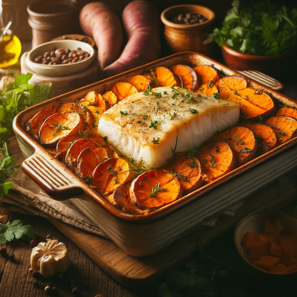 Kabeljauw en zoete aardappel ovenschotel