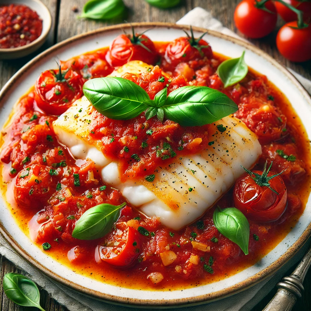 Kabeljauw in tomatensaus met basilicum