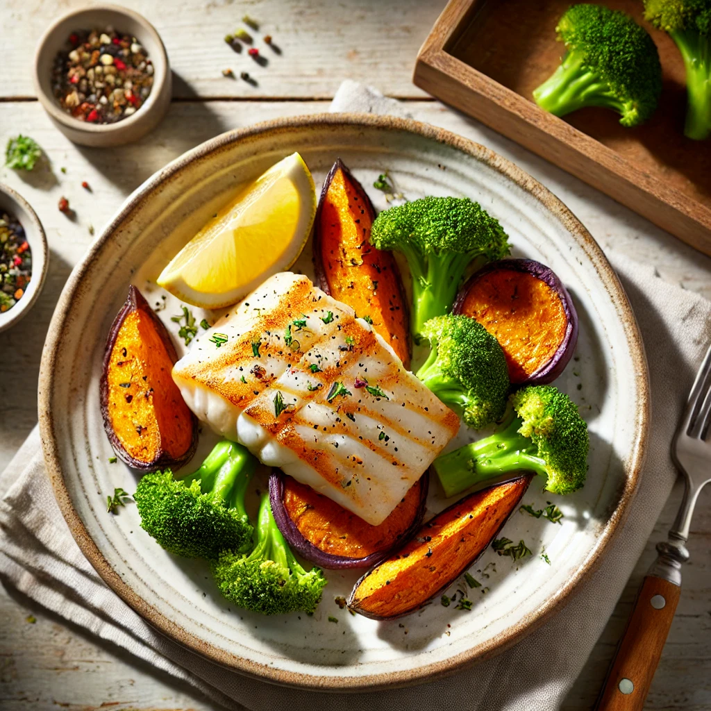 Kabeljauw met zoete aardappel en broccoli