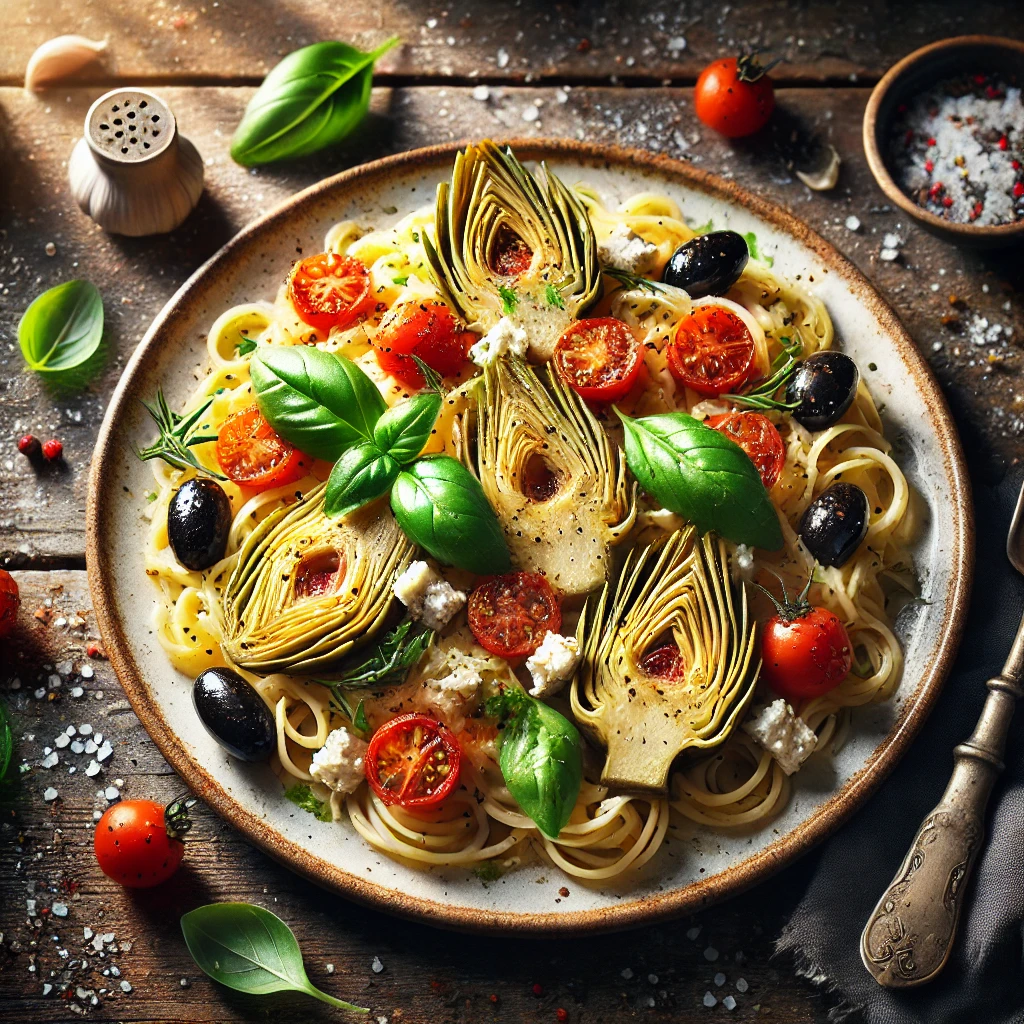 Mediterrane pasta met artisjok en feta