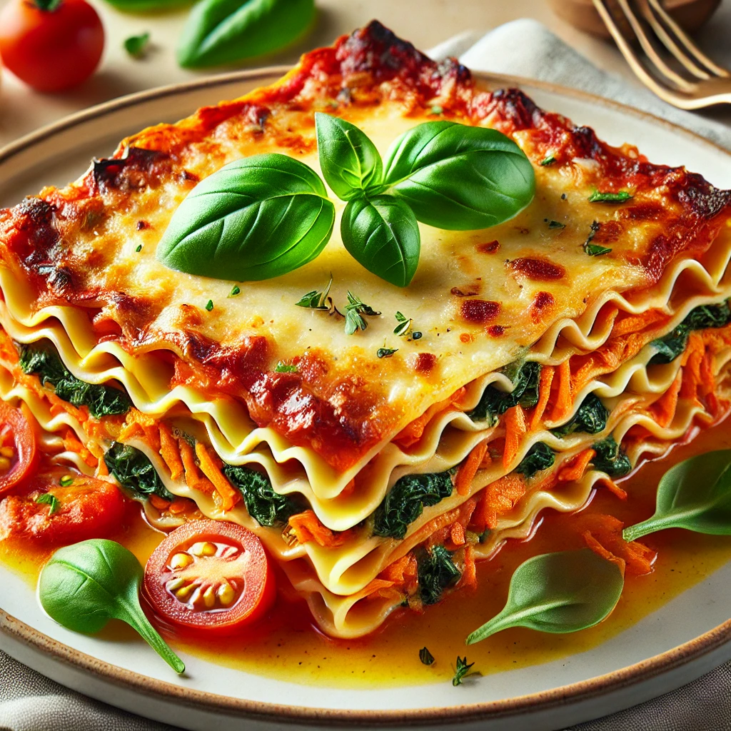 Lasagne met geraspte wortel en spinazie