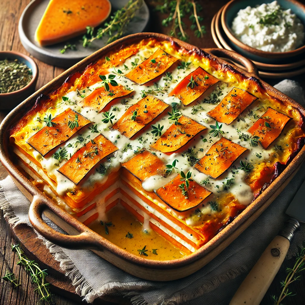 Lasagne met zoete aardappel en cottage cheese