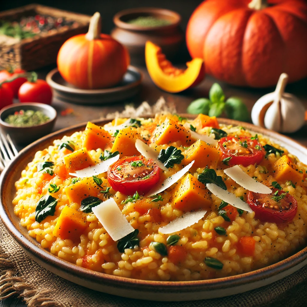 Pompoen en tomaten risotto