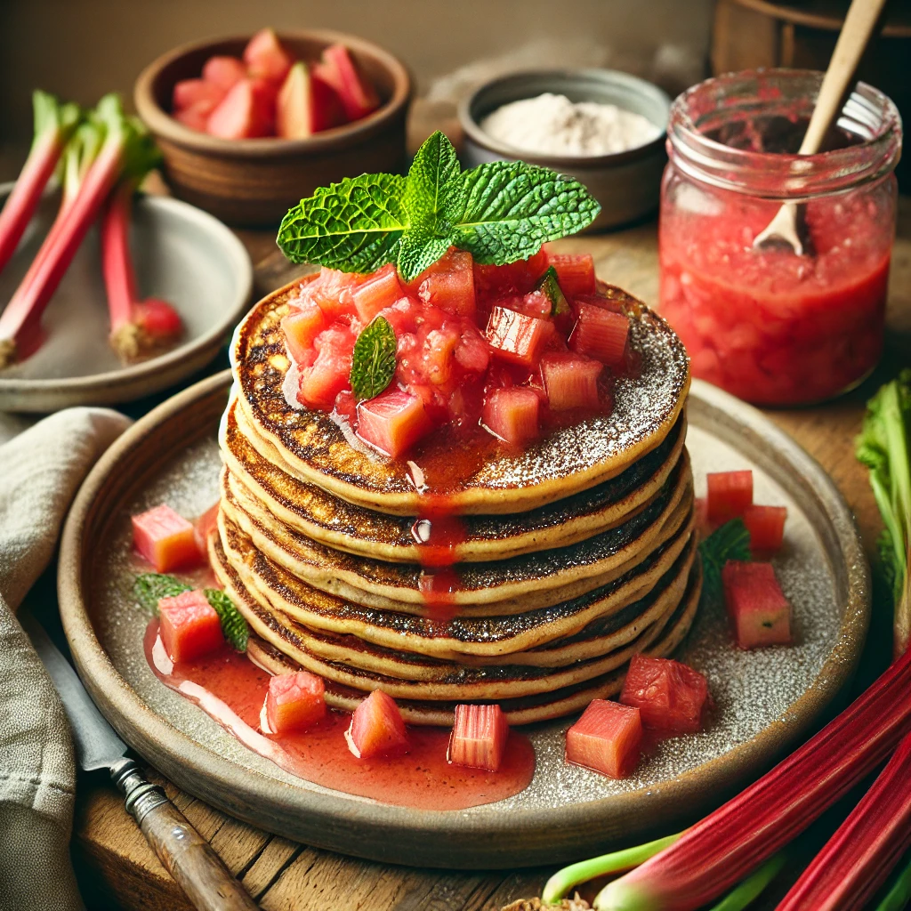 Spelt pannenkoeken met rabarbercompote