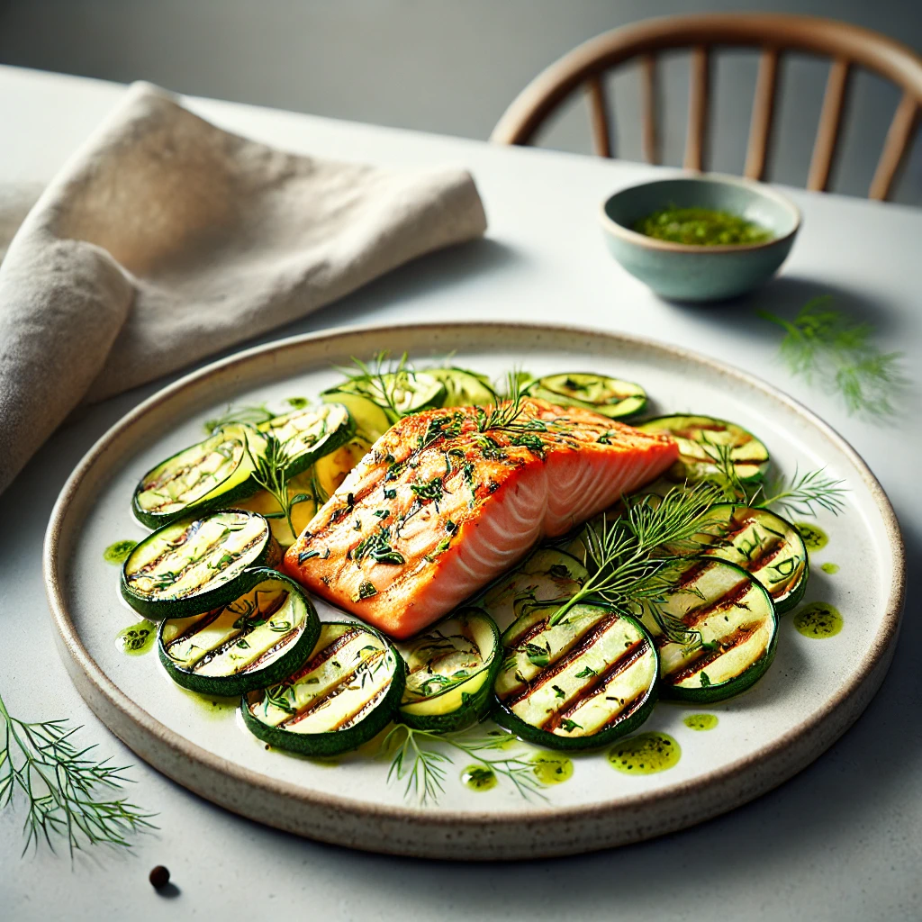 Zalm met een frisse kruidenmarinade en courgette