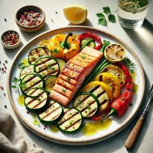 Zalm met gegrilde courgette en paprika