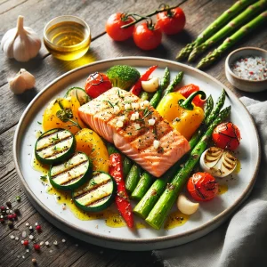 Zalm met knoflook en gegrilde groenten