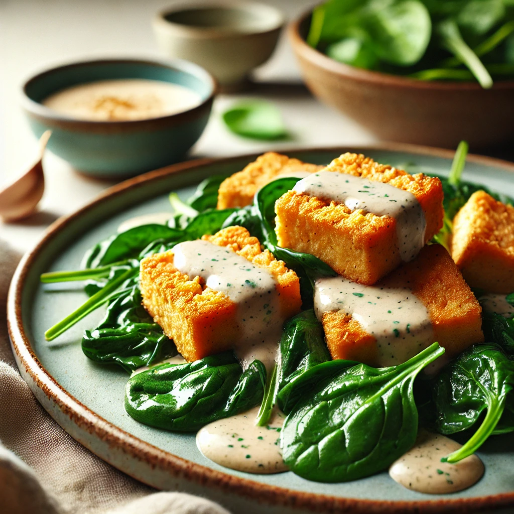 Airfryer tofu met spinazie en knoflooksaus