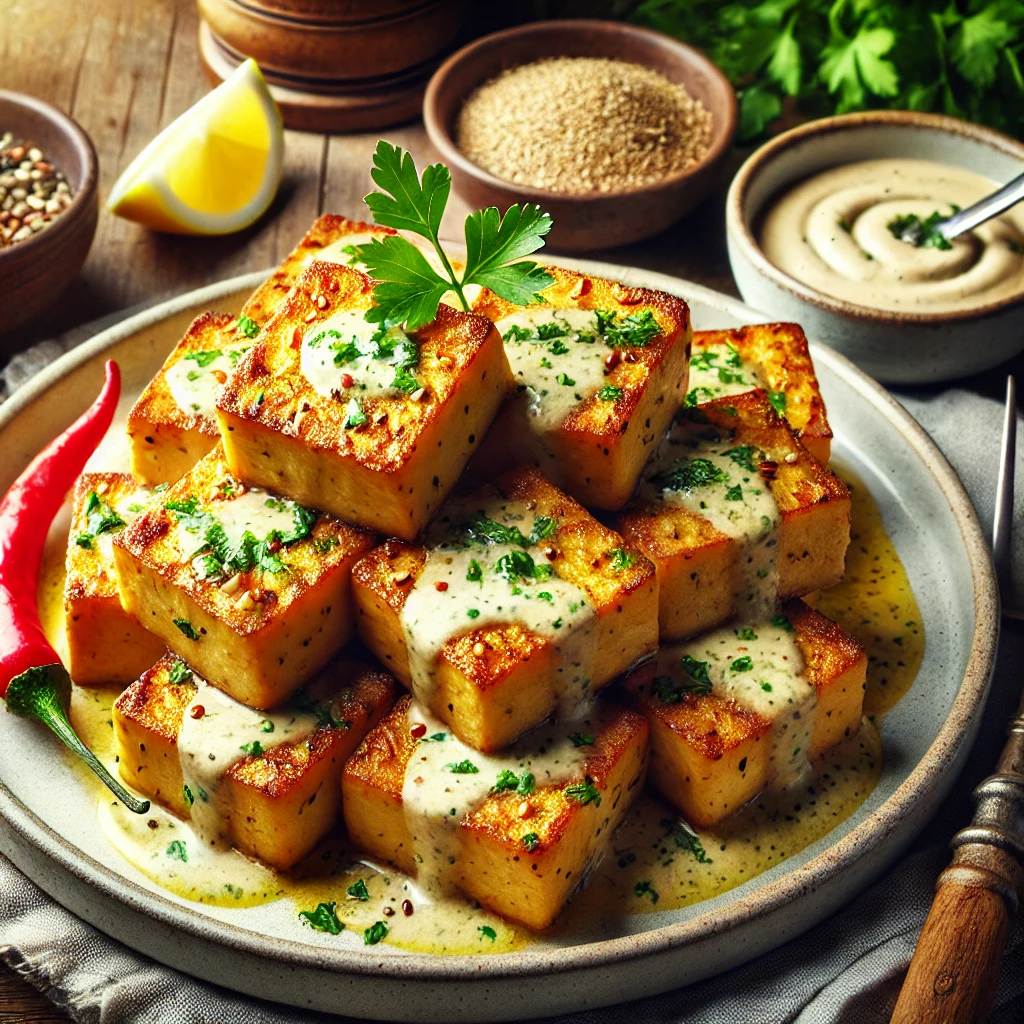 Airfryer tofu met tahinsaus