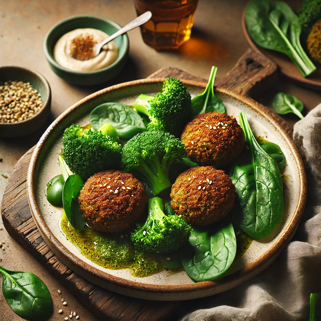 Falafel met broccoli en spinazie