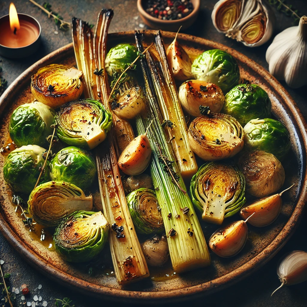 Gebakken prei met spruitjes en knoflook