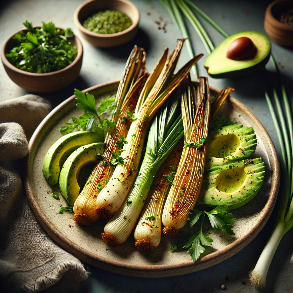 Gepofte prei met avocado en kruiden