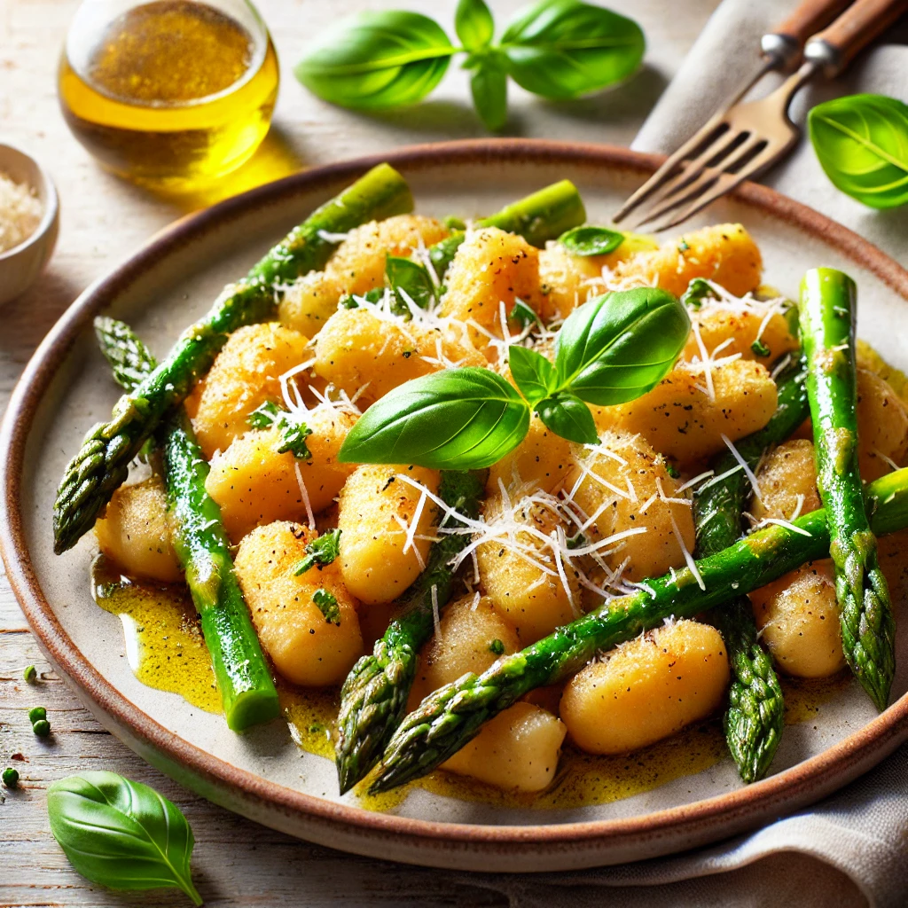 Gnocchi airfryer met groene asperges en basilicum