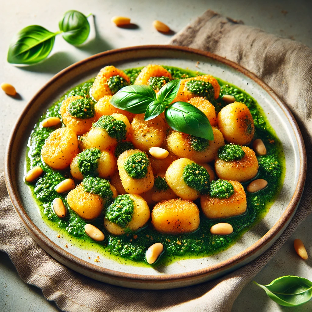 Gnocchi airfryer met pesto en pijnboompitten