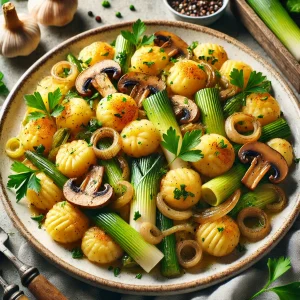 Gnocchi airfryer met prei en champignons