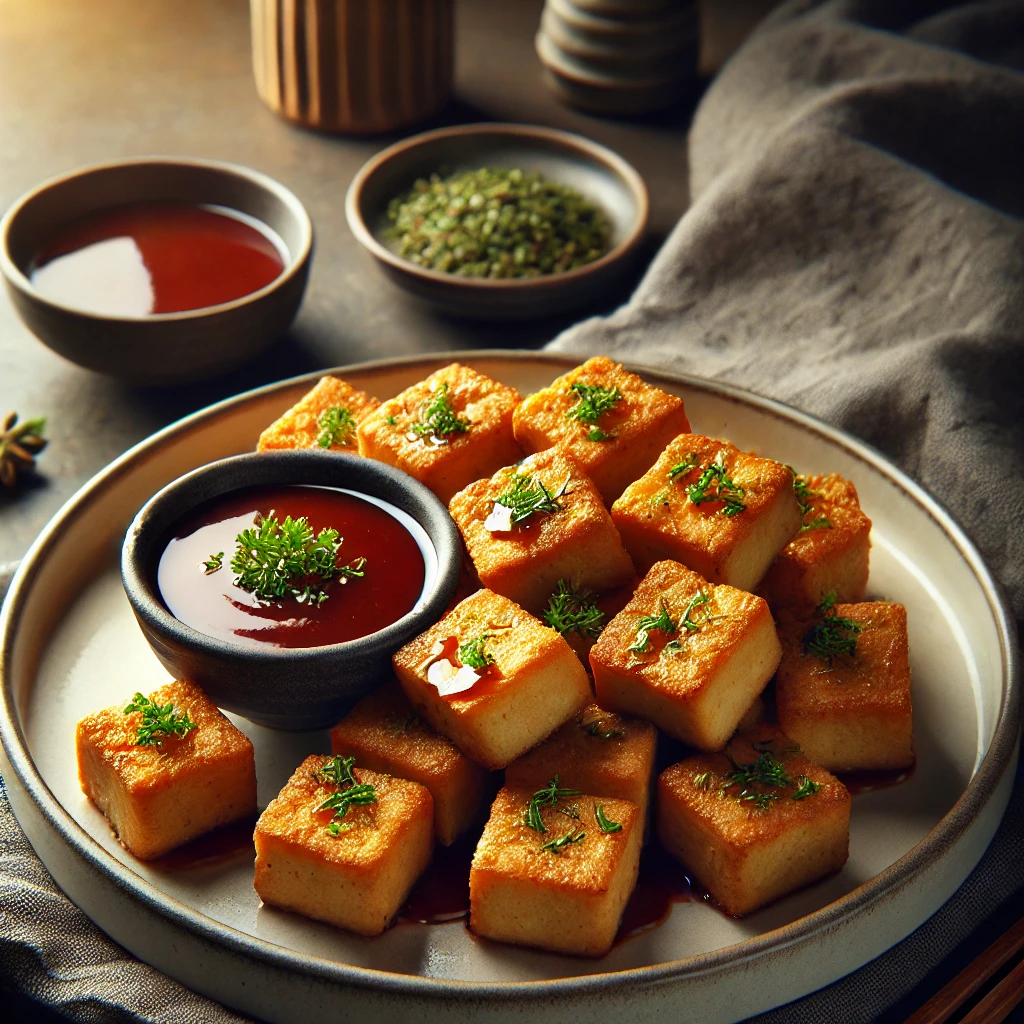 Krokante tofu met barbecue dipsaus in de airfryer