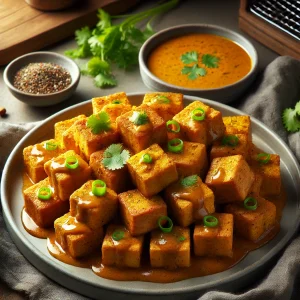 Krokante tofu met kerriesaus in de airfryer