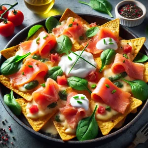 Nachos airfryer met gerookte zalm en spinazie