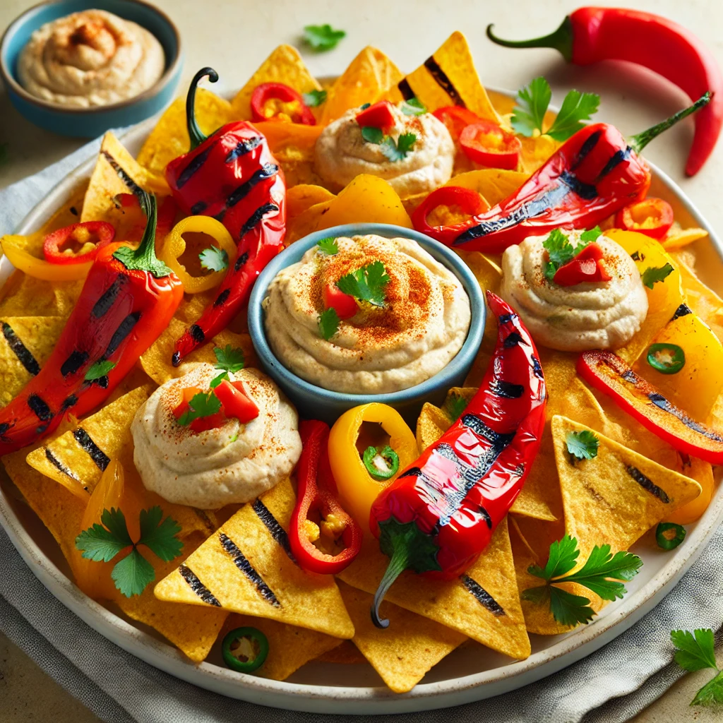 Nachos airfryer met hummus en gegrilde paprika