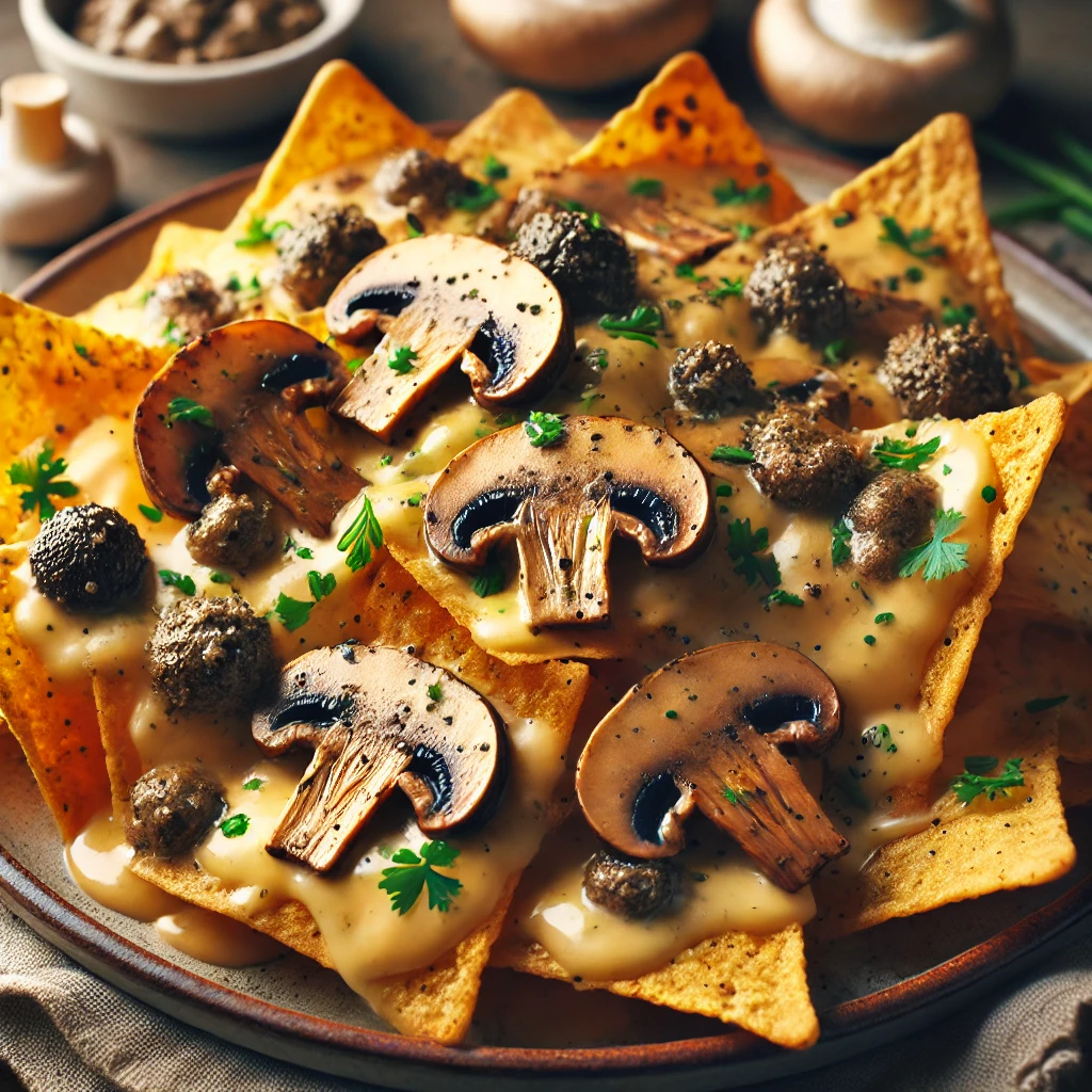 Nachos airfryer met paddenstoelen en truffelsaus