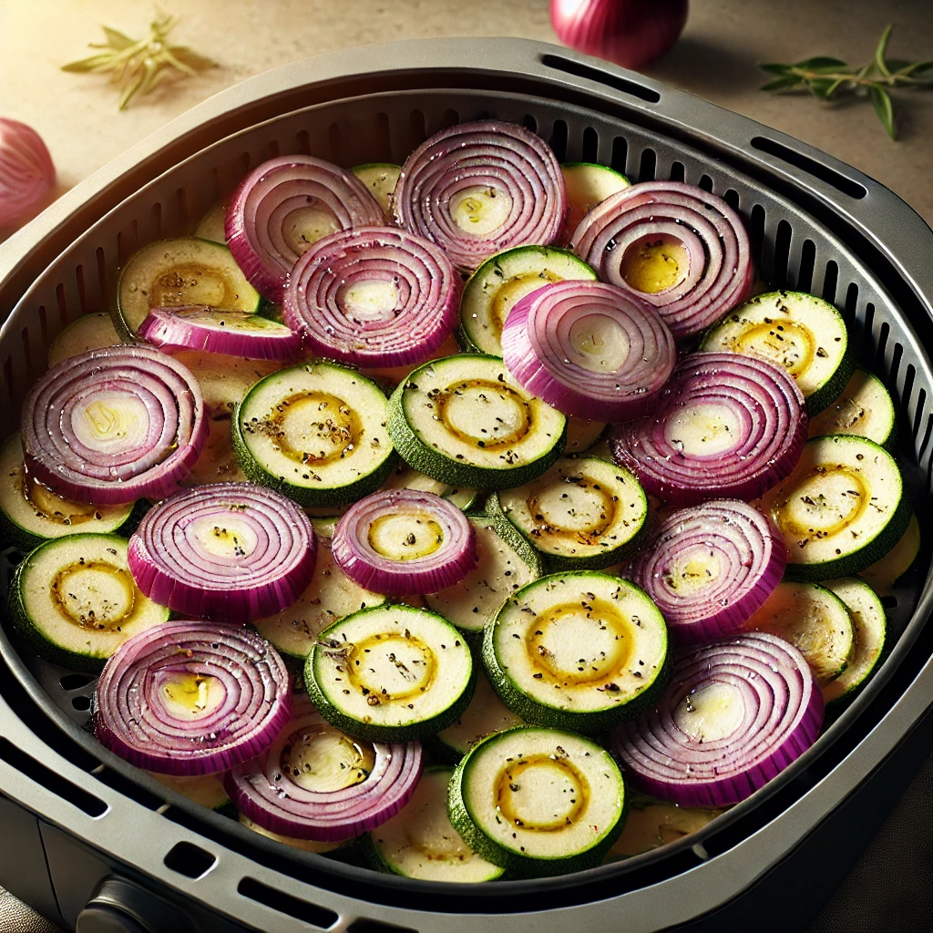 Rode ui en courgette schijfjes uit de airfryer