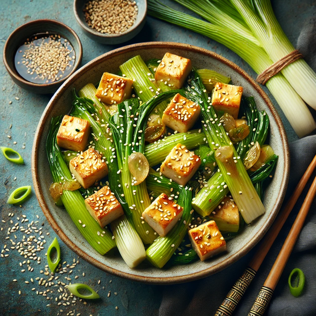 Roergebakken prei met tofu en sesamzaad