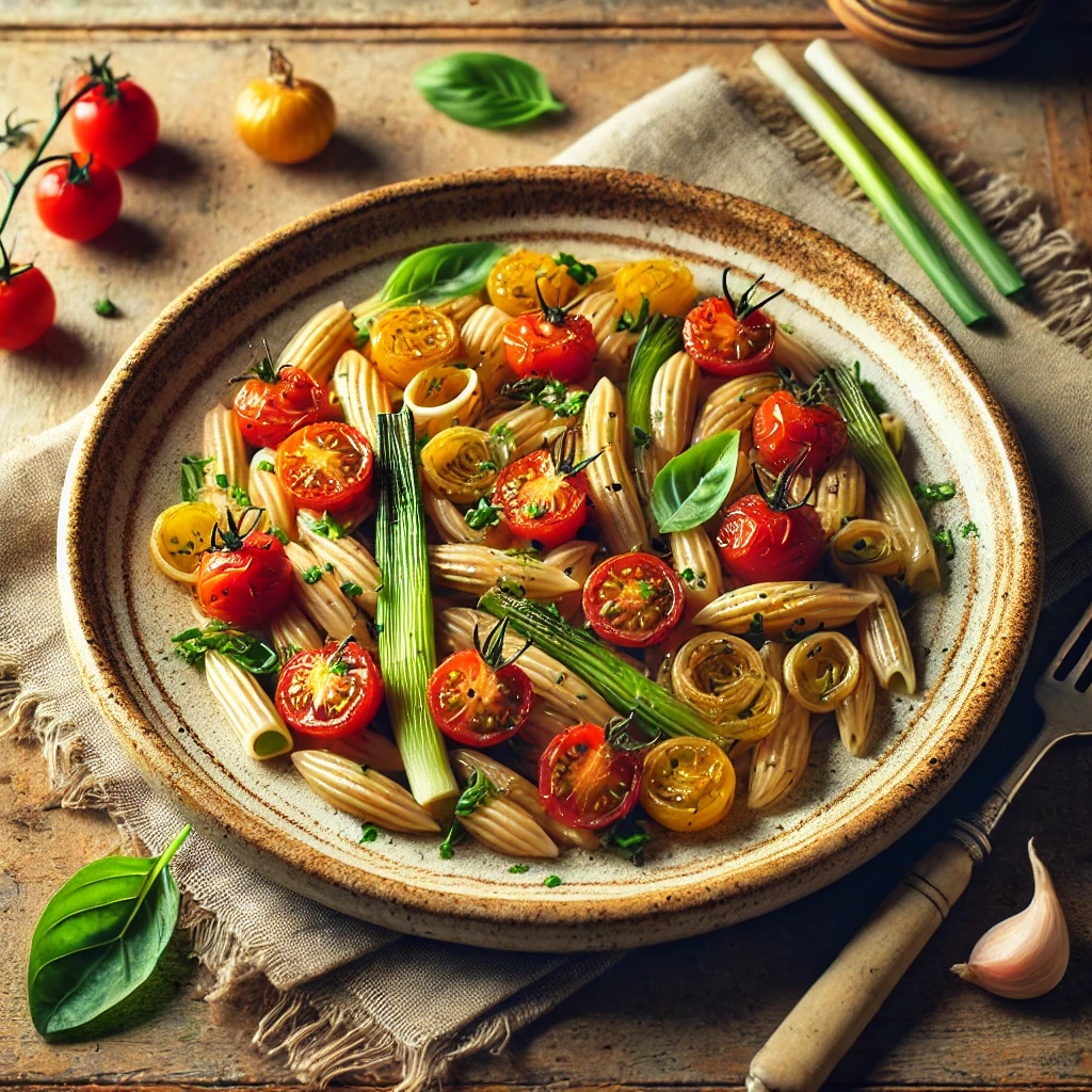 Speltpasta met prei en cherry tomaten