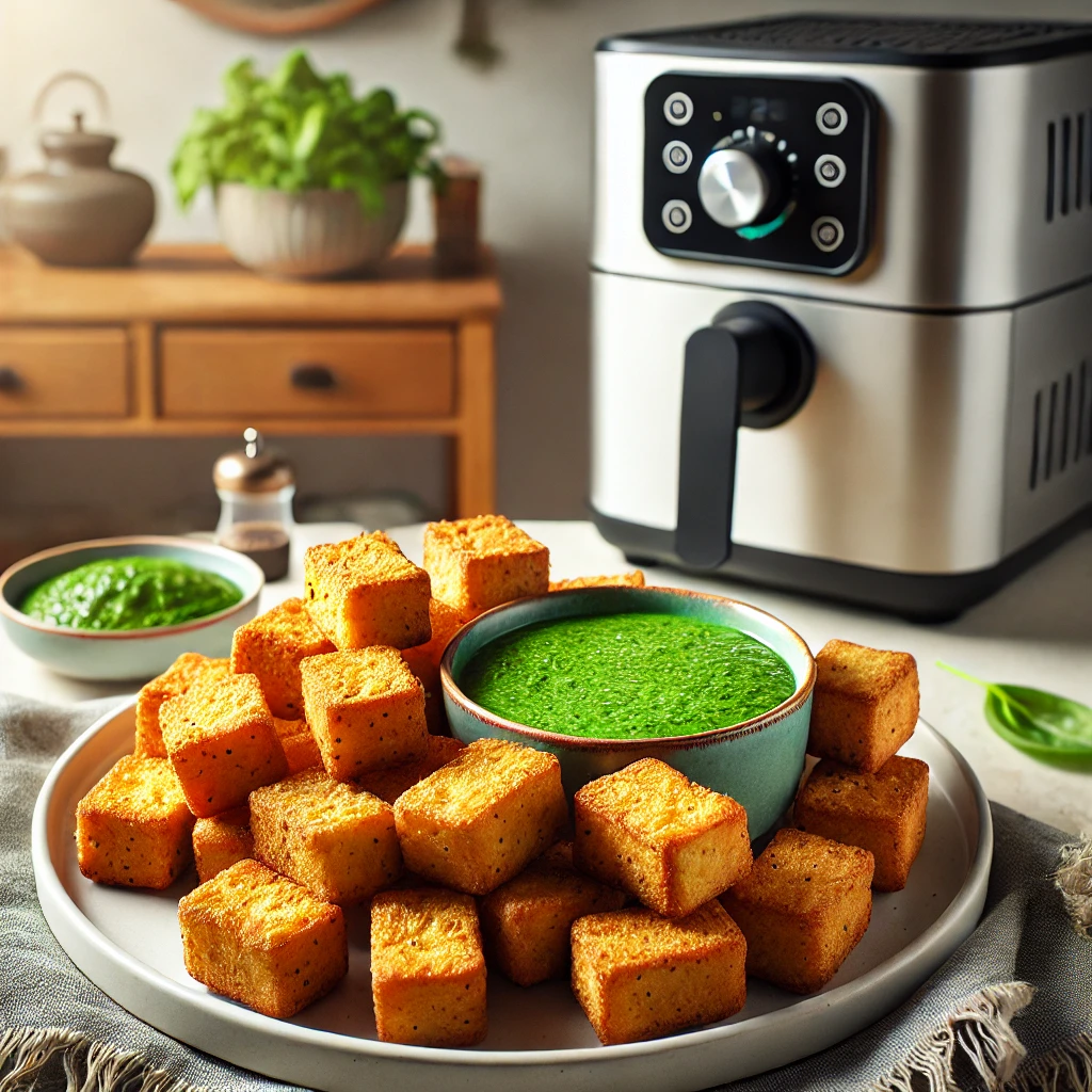 Tofu bites met spinaziesaus in de airfryer