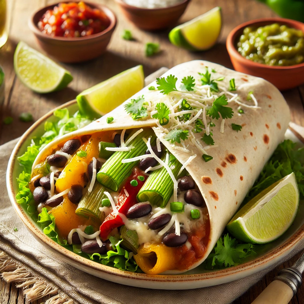 Vegetarische prei en bonen burrito