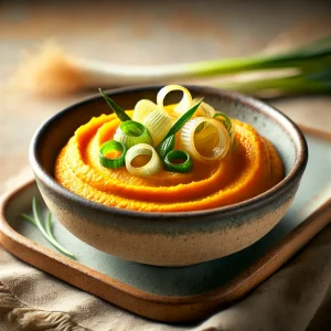 Zoete aardappel-prei puree