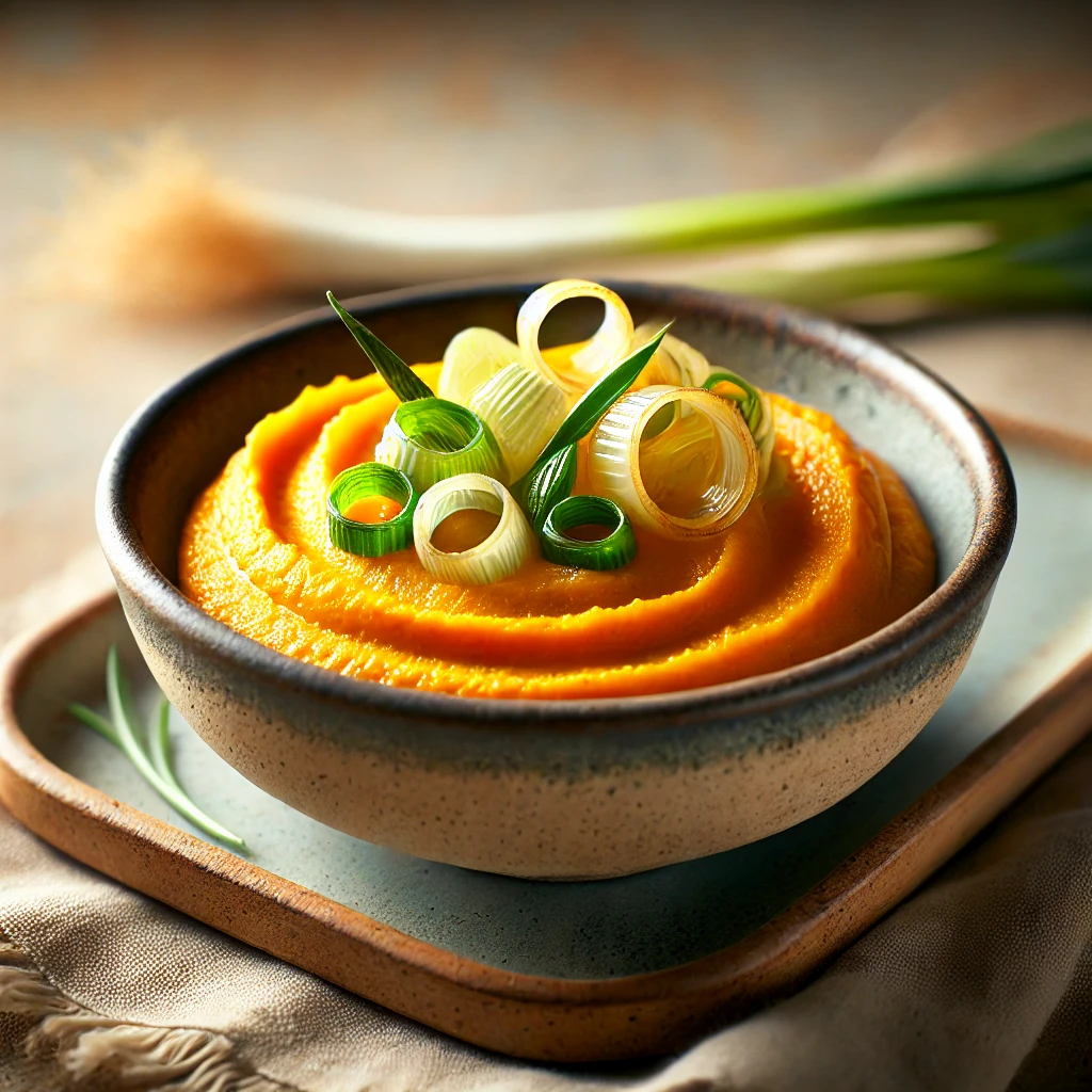 Zoete aardappel-prei puree