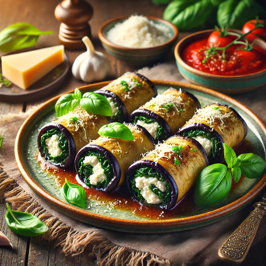 Aubergine-rolletjes gevuld met ricotta en spinazie