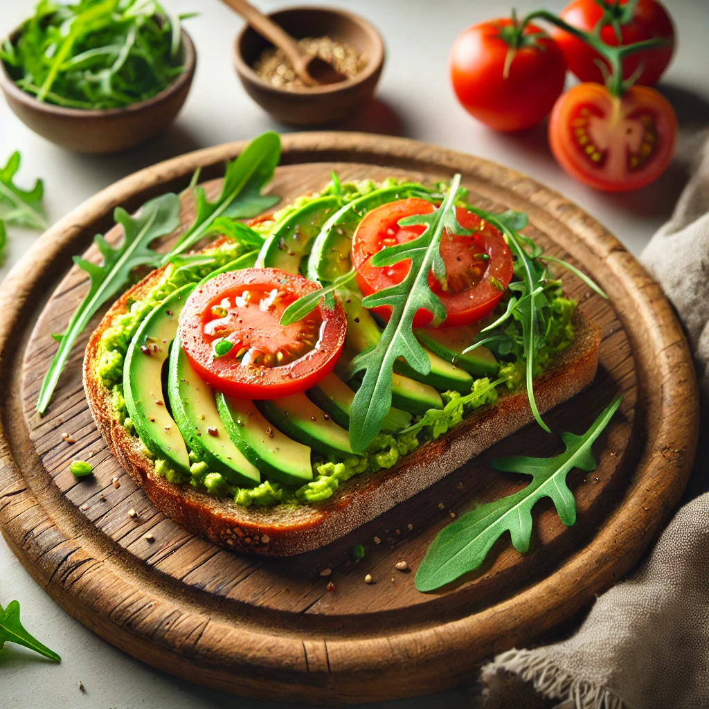 Avocado-toast op volkorenbrood met tomaat en rucola