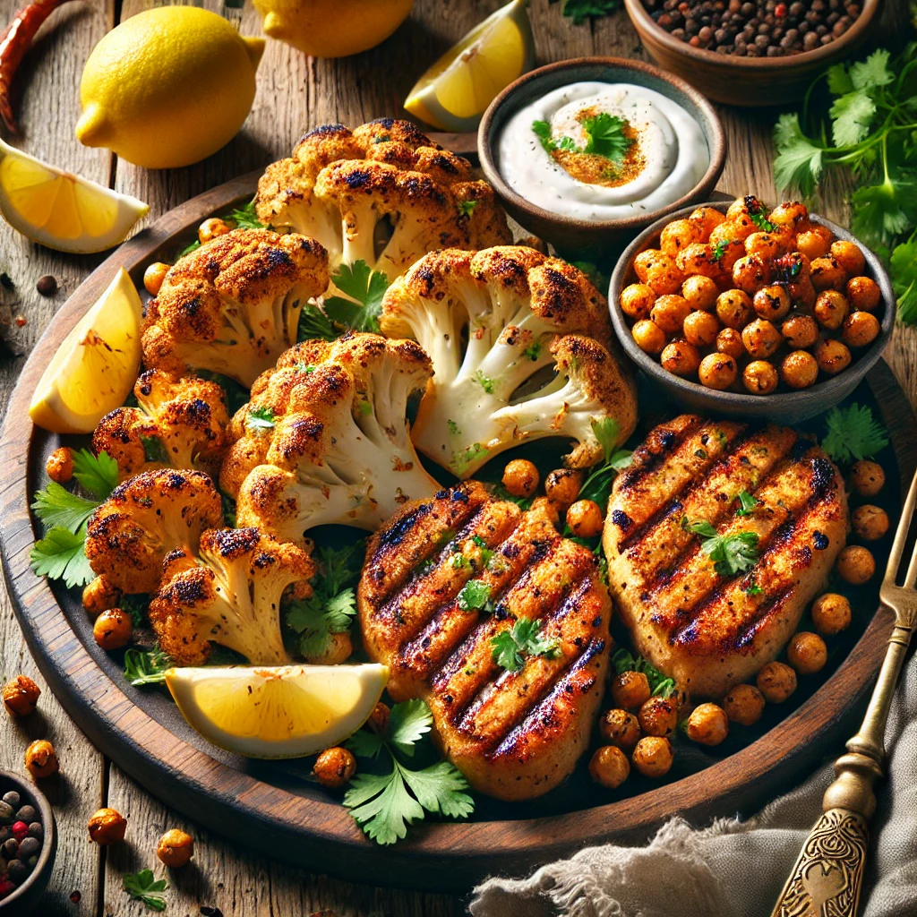 Bloemkoolsteaks uit de oven met kruidige kikkererwten