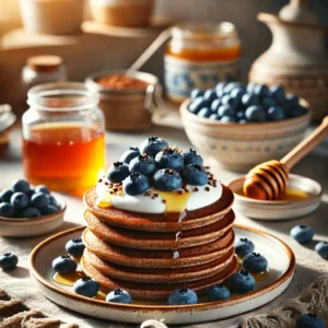 Boekweitpannenkoeken met blauwe bessen en Griekse yoghurt