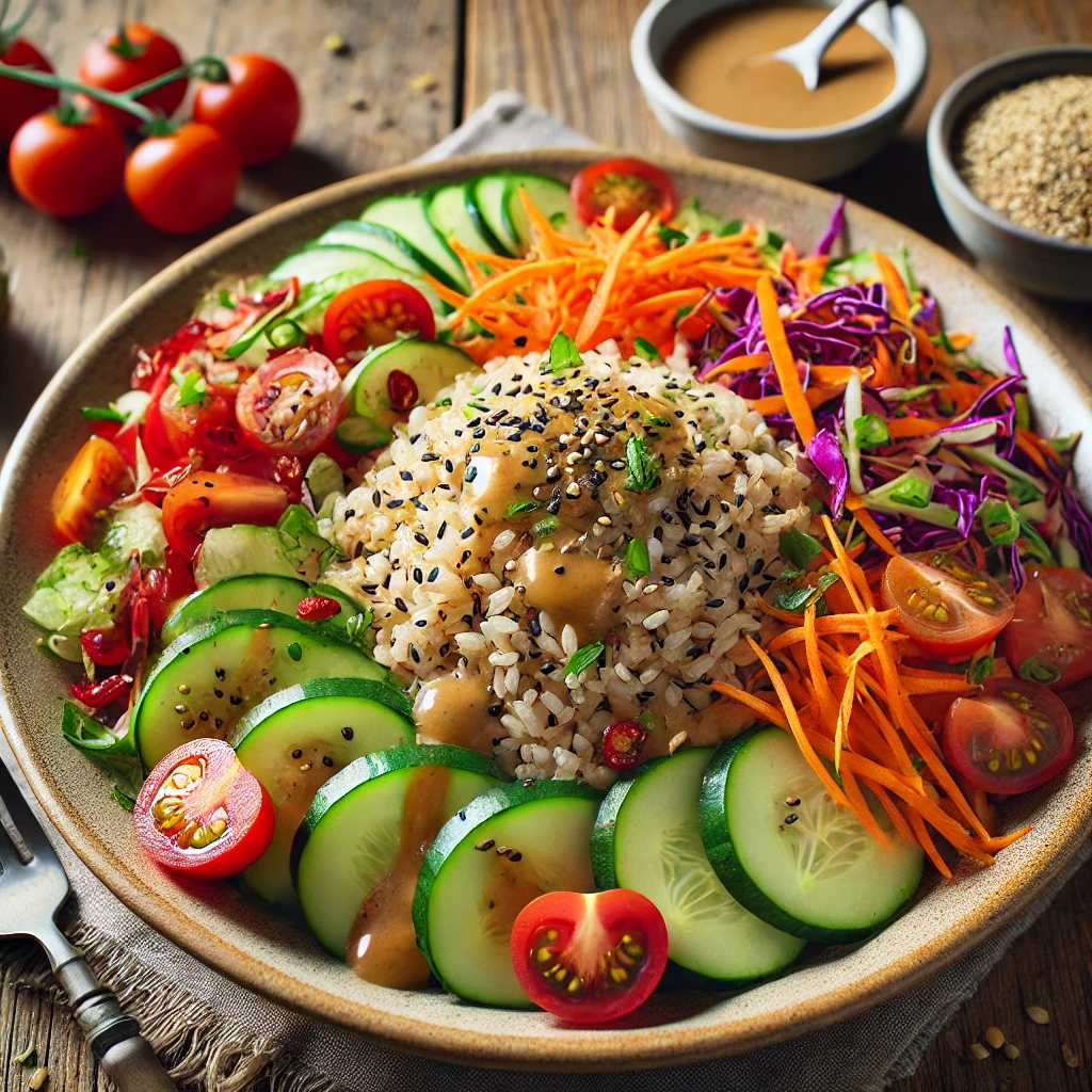 Bruine rijstsalade met groenten en tahindressing