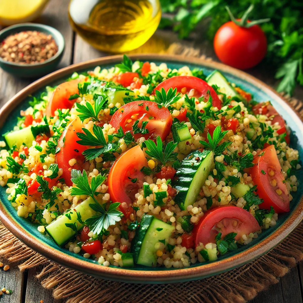 Bulgur salade met peterselie, tomaat en komkommer