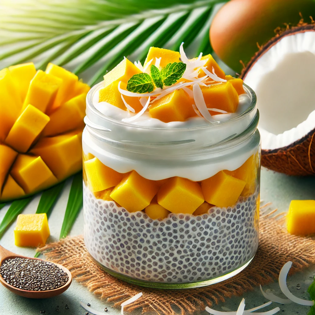 Chiapudding met kokosmelk en mango