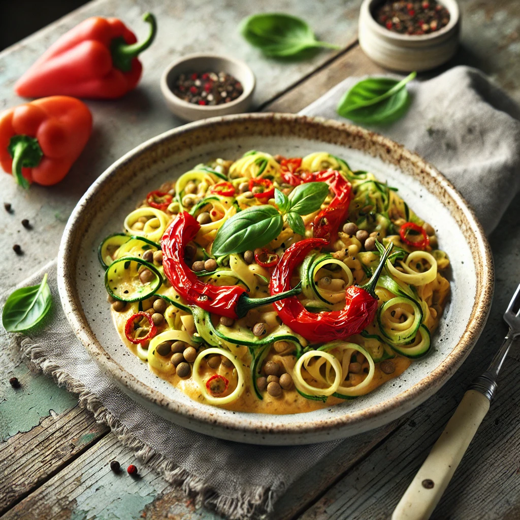 Courgette-linzenpasta met geroosterde rode paprika