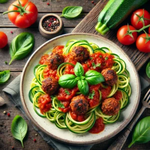 Courgette-spaghetti met vegetarische balletjes en tomaten-basilicumsaus