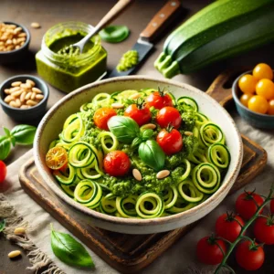 Courgette ‘pasta’ met pesto en cherrytomaatjes