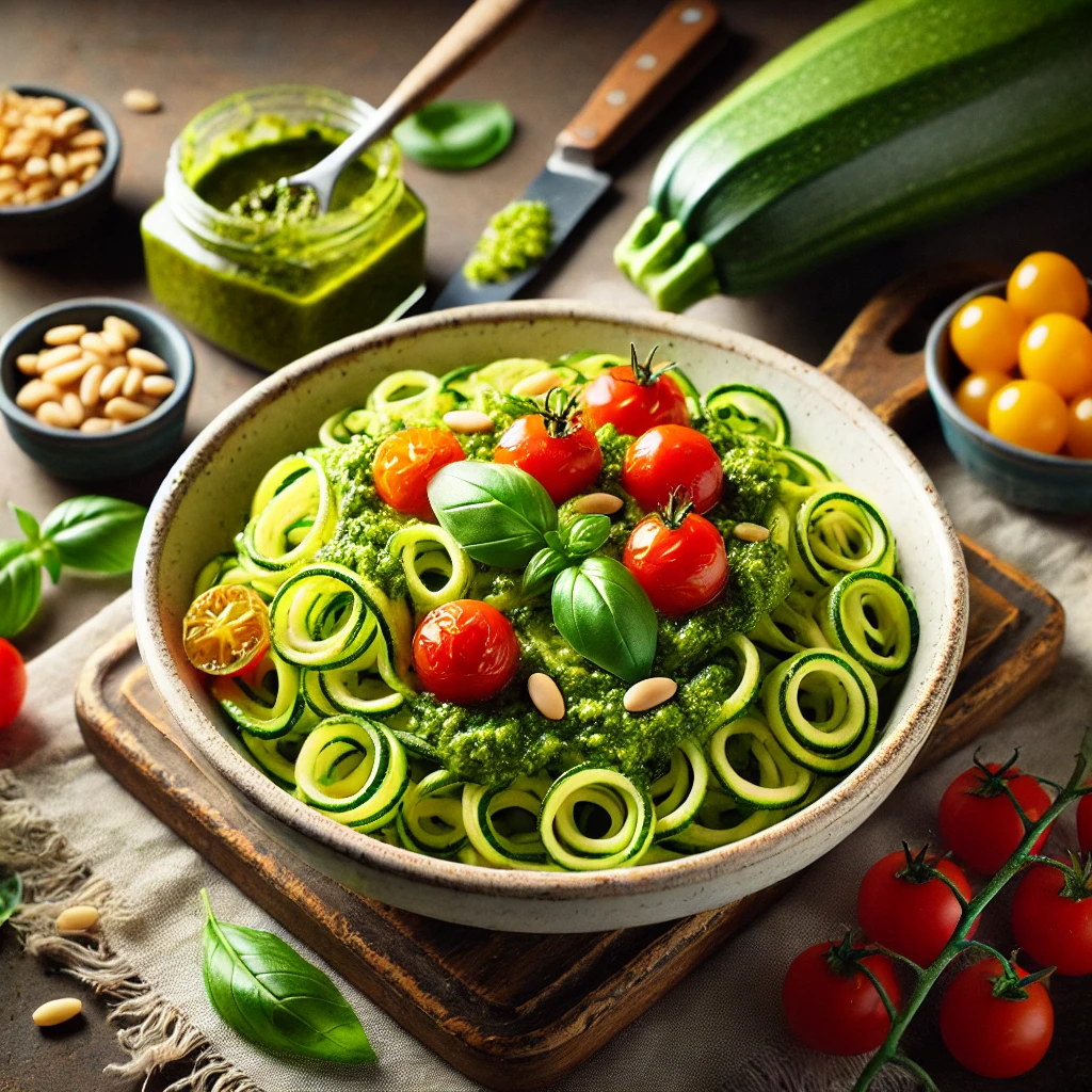 Courgette ‘pasta’ met pesto en cherrytomaatjes