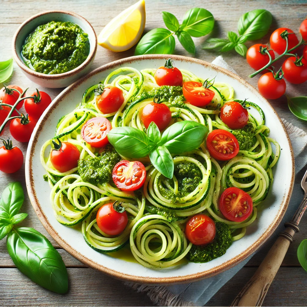 Courgetti met zelfgemaakte pesto en tomaat