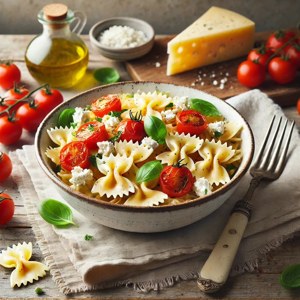 Farfalle-salade met gegrilde tomaatjes en geitenkaas