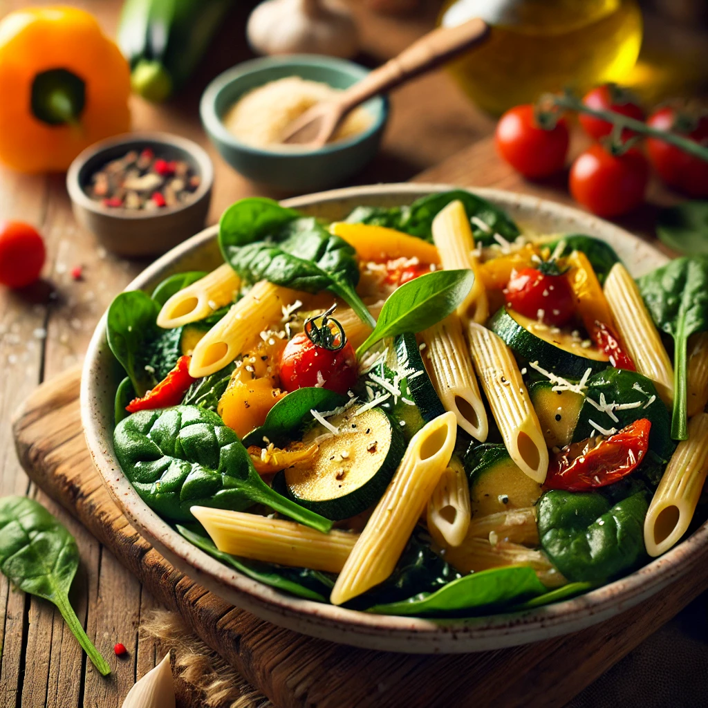 Frisse volkoren penne met spinazie en gegrilde groenten