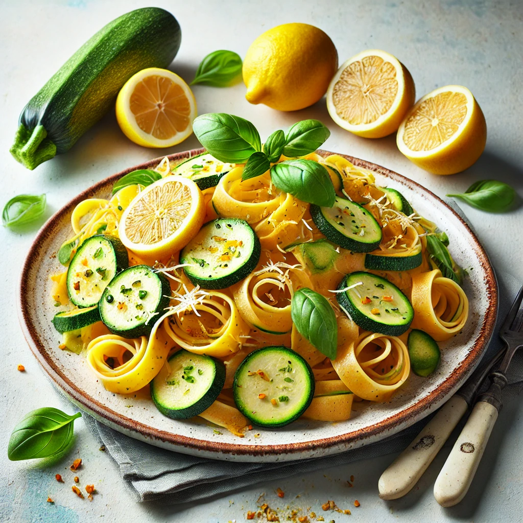 Frisse volkoren tagliatelle met citroen, courgette en basilicum