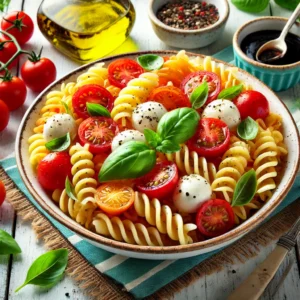 Fusilli Caprese-salade met mozzarella en verse basilicum