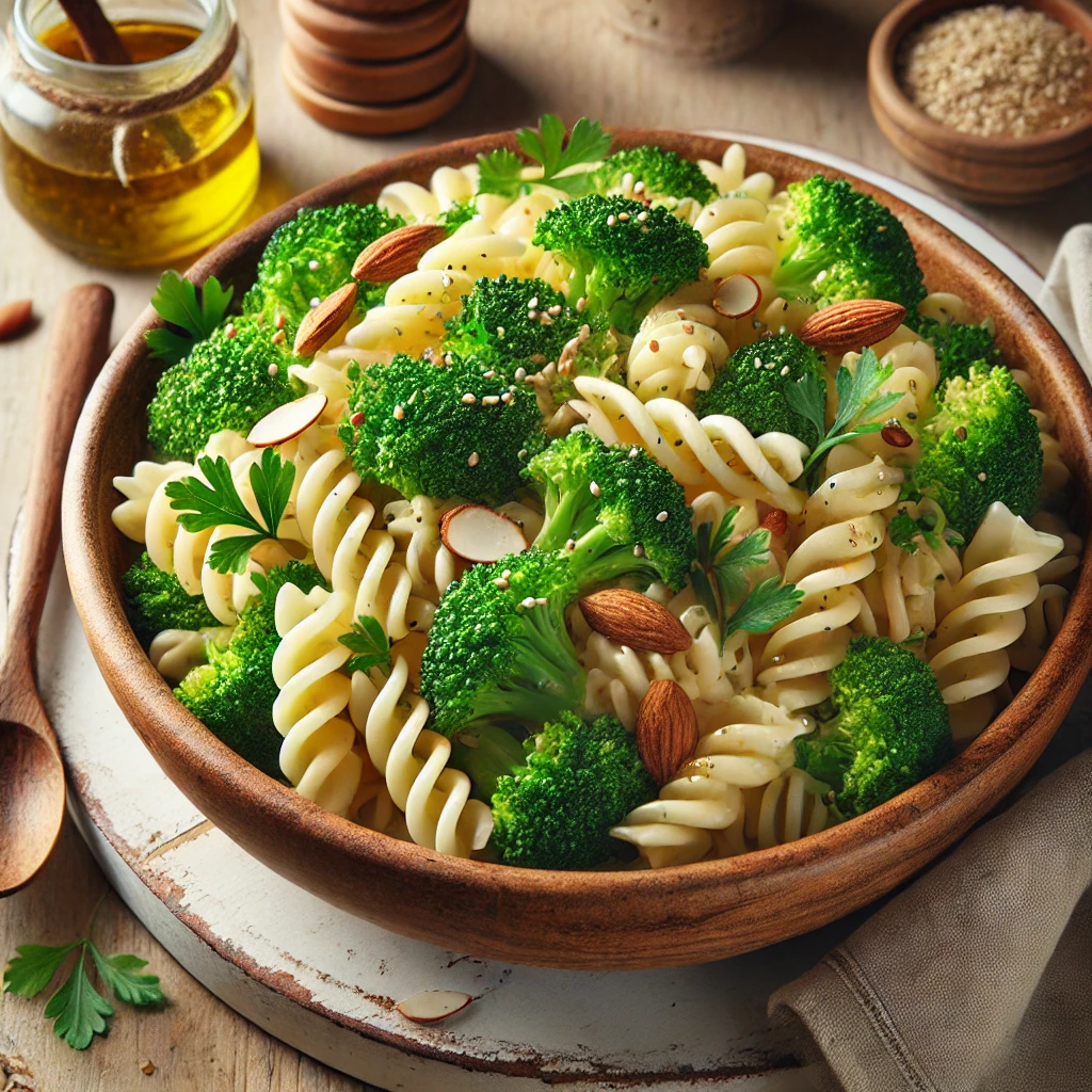 Fusilli-salade met broccoli, amandelen en tahindressing