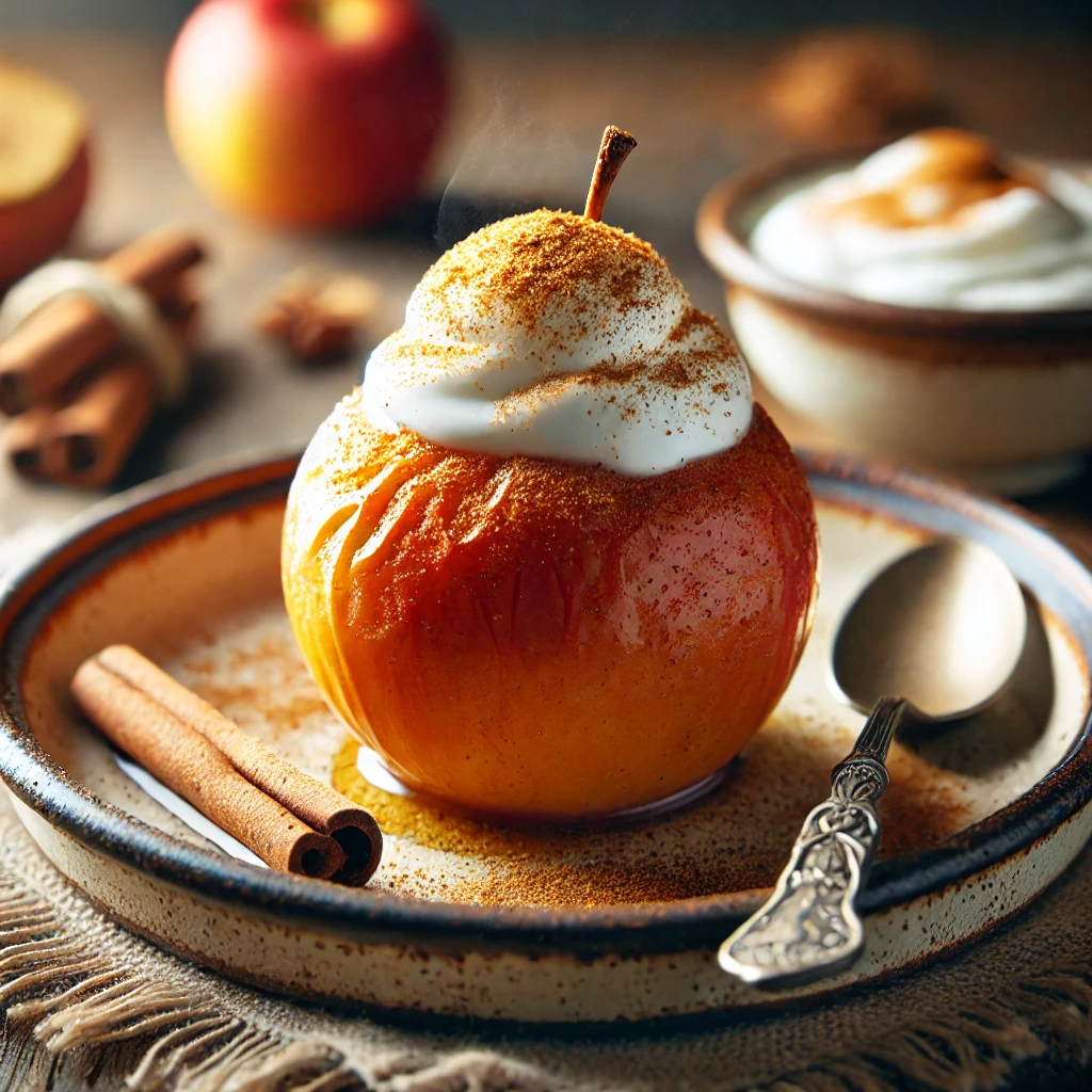 Gebakken appel met kaneel en een lepeltje Griekse yoghurt